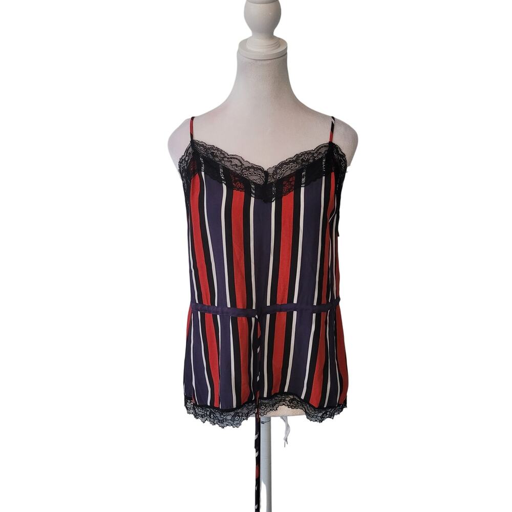 Zara Size XS TRF Cami Blue Red‎ Striped Camisole Lightweight Satin Lace Trim